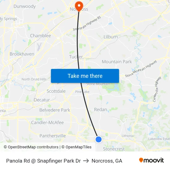 Panola Rd @ Snapfinger Park Dr to Norcross, GA map