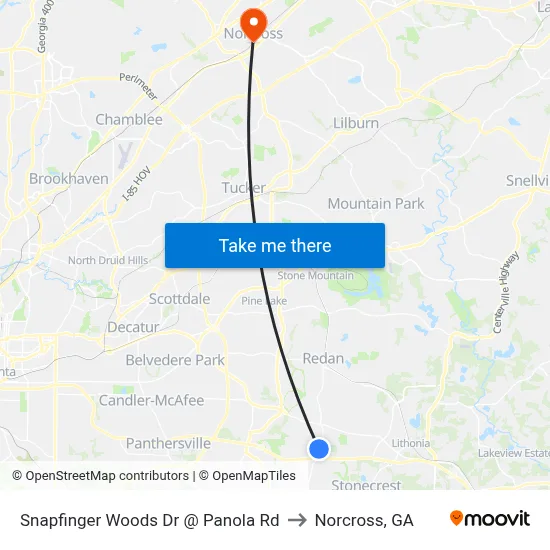 Snapfinger Woods Dr @ Panola Rd to Norcross, GA map