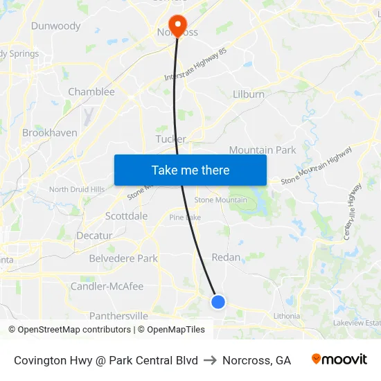 Covington Hwy @ Park Central Blvd to Norcross, GA map