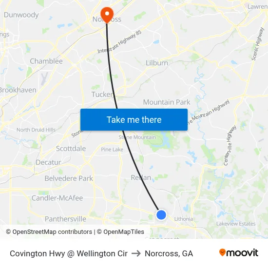Covington Hwy @ Wellington Cir to Norcross, GA map