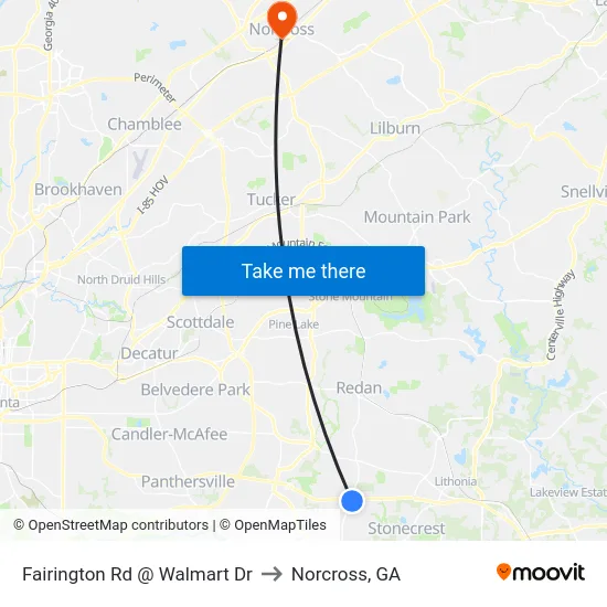 Fairington Rd @ Walmart Dr to Norcross, GA map