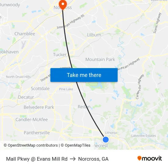 Mall Pkwy @ Evans Mill Rd to Norcross, GA map