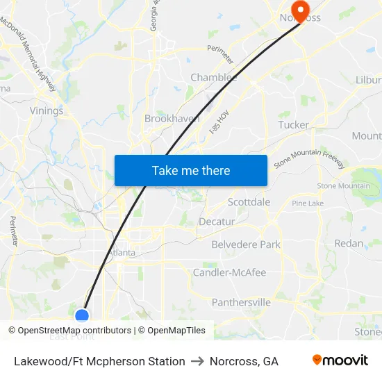 Lakewood/Ft Mcpherson Station to Norcross, GA map