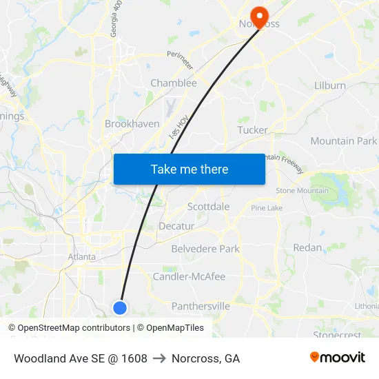 Woodland Ave SE @ 1608 to Norcross, GA map