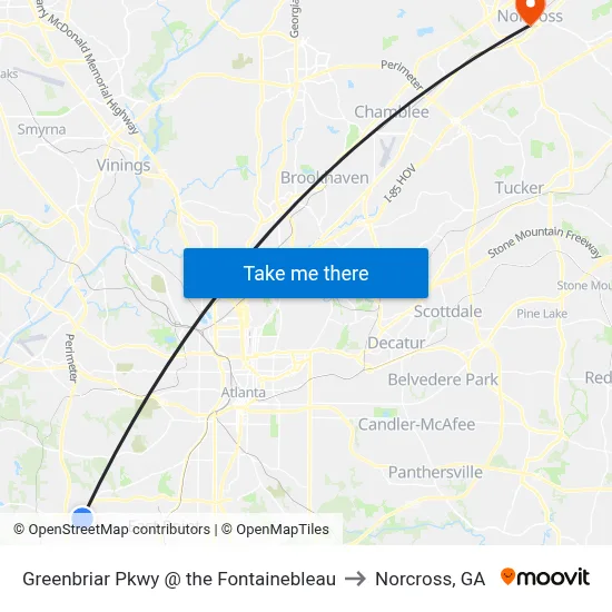 Greenbriar Pkwy @ the Fontainebleau to Norcross, GA map