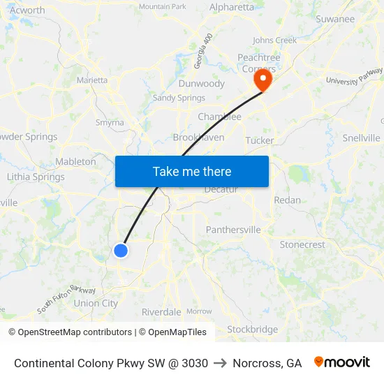 Continental Colony Pkwy SW @ 3030 to Norcross, GA map