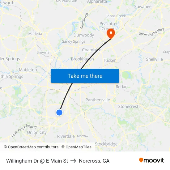 Willingham Dr @ E Main St to Norcross, GA map
