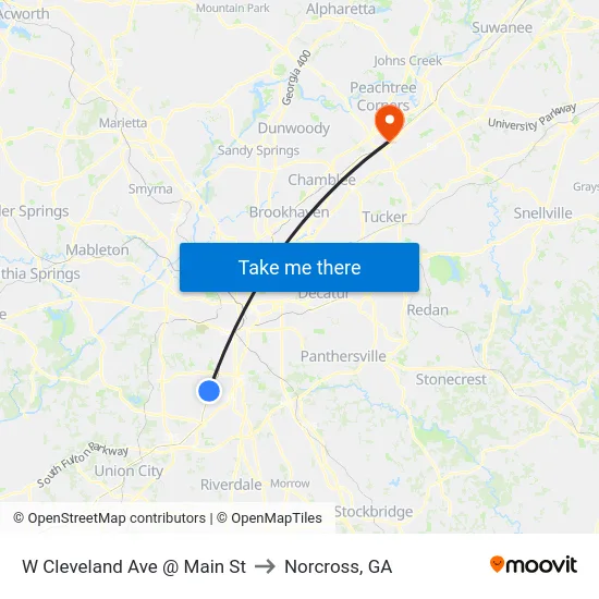 W Cleveland Ave @ Main St to Norcross, GA map
