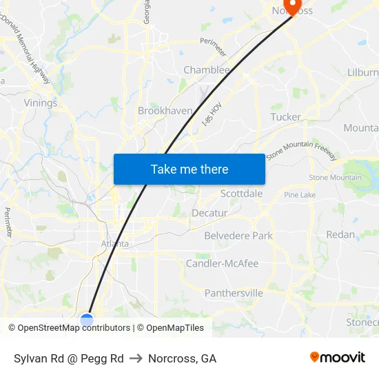 Sylvan Rd @ Pegg Rd to Norcross, GA map