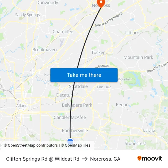 Clifton Springs Rd @ Wildcat Rd to Norcross, GA map