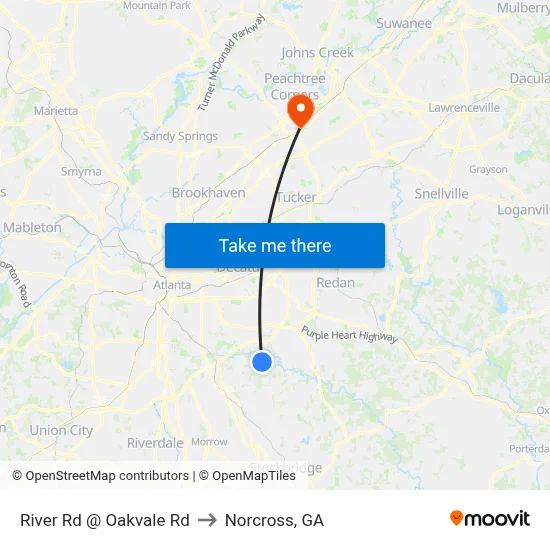 River Rd @ Oakvale Rd to Norcross, GA map