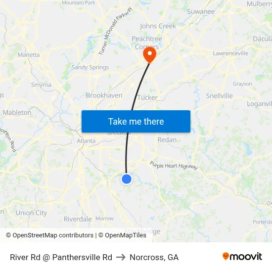 River Rd @ Panthersville Rd to Norcross, GA map