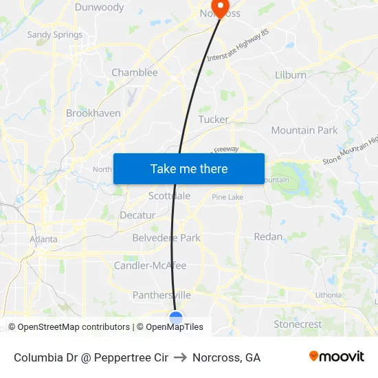 Columbia Dr @ Peppertree Cir to Norcross, GA map