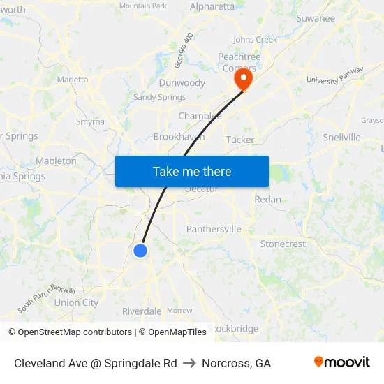 Cleveland Ave @ Springdale Rd to Norcross, GA map