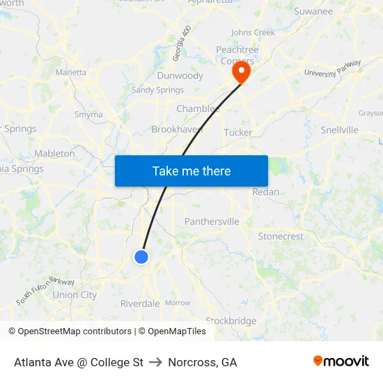 Atlanta Ave @ College St to Norcross, GA map