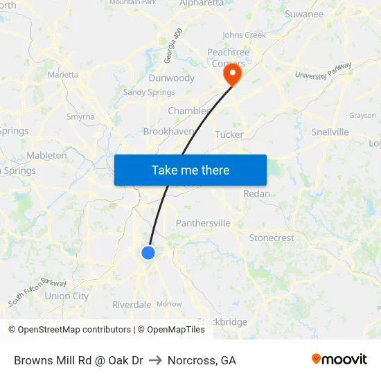 Browns Mill Rd @ Oak Dr to Norcross, GA map