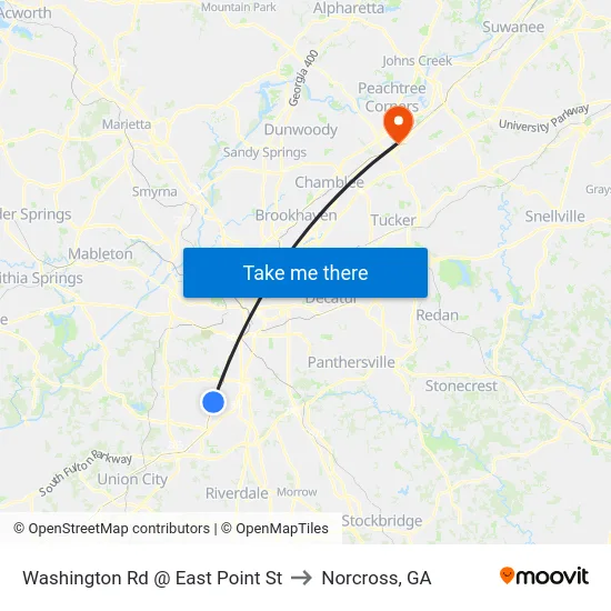 Washington Rd @ East Point St to Norcross, GA map