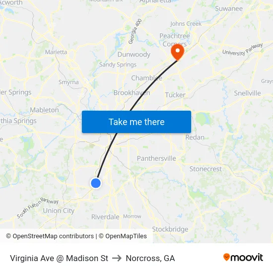 Virginia Ave @ Madison St to Norcross, GA map