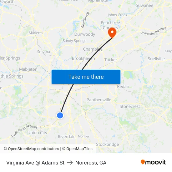 Virginia Ave @ Adams St to Norcross, GA map