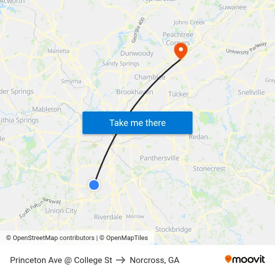 Princeton Ave @ College St to Norcross, GA map