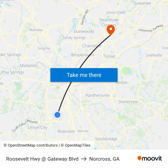 Roosevelt Hwy @ Gateway Blvd to Norcross, GA map