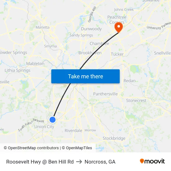 Roosevelt Hwy @ Ben Hill Rd to Norcross, GA map