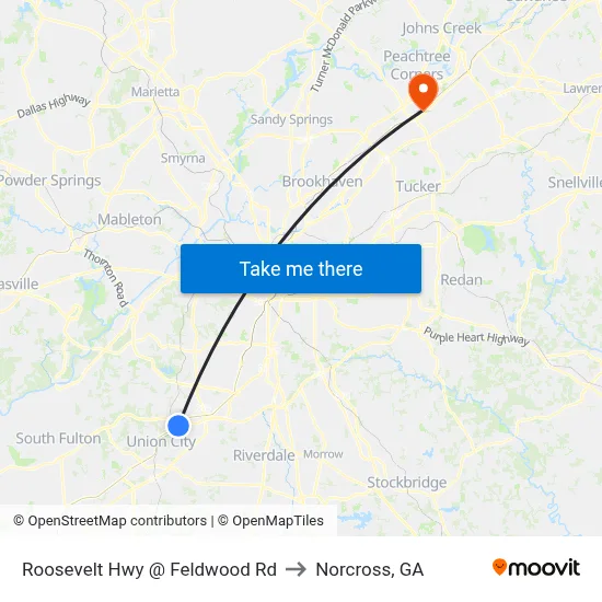 Roosevelt Hwy @ Feldwood Rd to Norcross, GA map