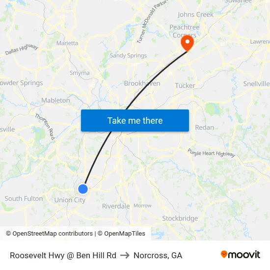 Roosevelt Hwy @ Ben Hill Rd to Norcross, GA map