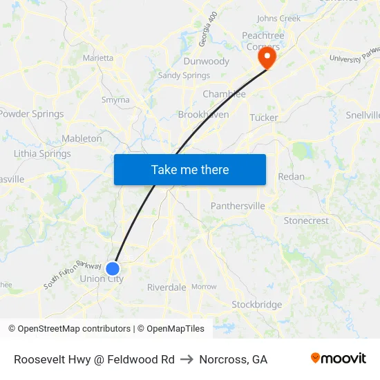 Roosevelt Hwy @ Feldwood Rd to Norcross, GA map