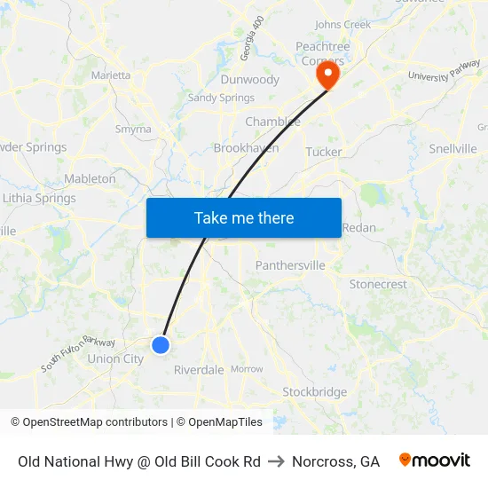 Old National Hwy @ Old Bill Cook Rd to Norcross, GA map