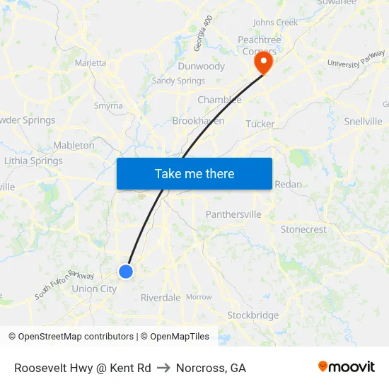 Roosevelt Hwy @ Kent Rd to Norcross, GA map