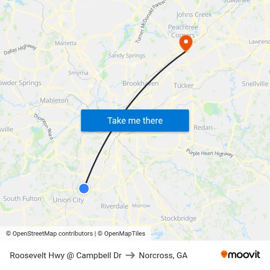 Roosevelt Hwy @ Campbell Dr to Norcross, GA map