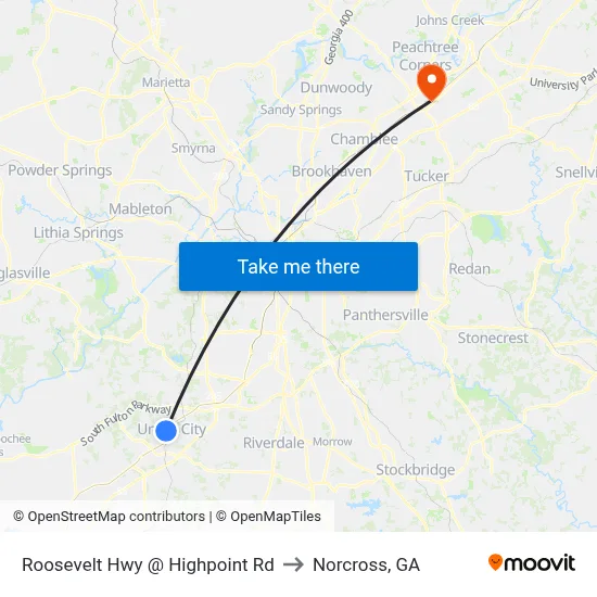 Roosevelt Hwy @ Highpoint Rd to Norcross, GA map