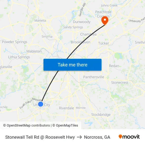 Stonewall Tell Rd @ Roosevelt Hwy to Norcross, GA map