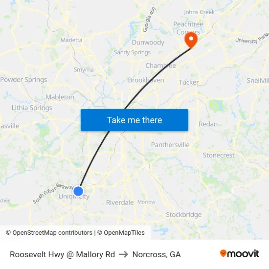 Roosevelt Hwy @ Mallory Rd to Norcross, GA map