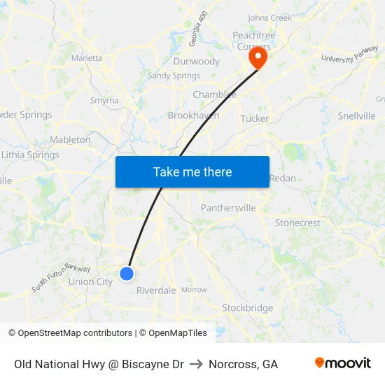 Old National Hwy @ Biscayne Dr to Norcross, GA map
