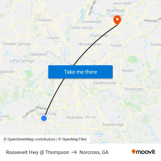 Roosevelt Hwy @ Thompson to Norcross, GA map