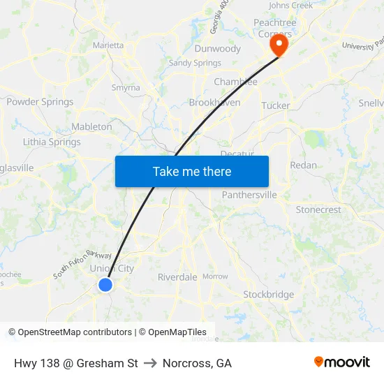 Hwy 138 @ Gresham St to Norcross, GA map