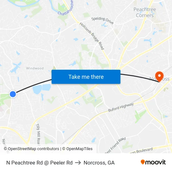 N Peachtree Rd @ Peeler Rd to Norcross, GA map