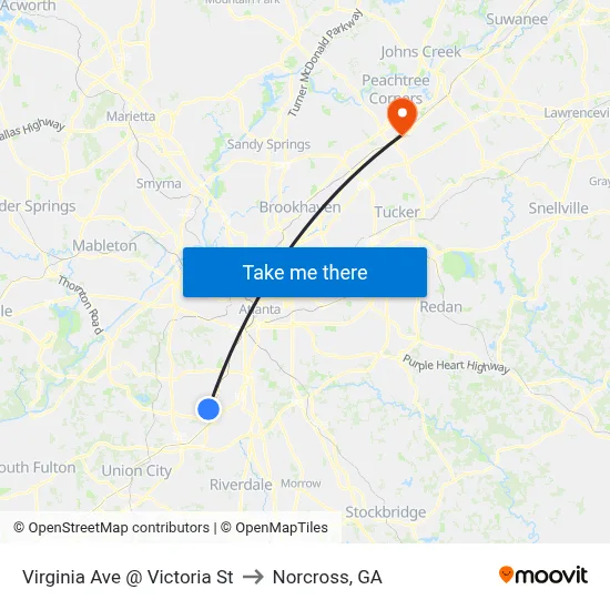 Virginia Ave @ Victoria St to Norcross, GA map
