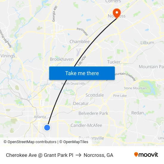 Cherokee Ave @ Grant Park Pl to Norcross, GA map