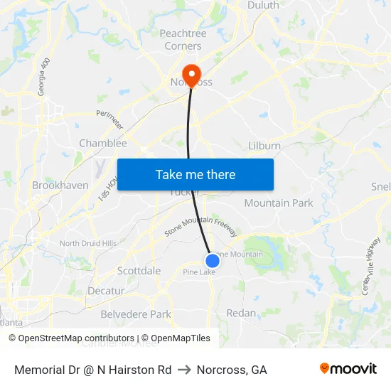 Memorial Dr @ N Hairston Rd to Norcross, GA map