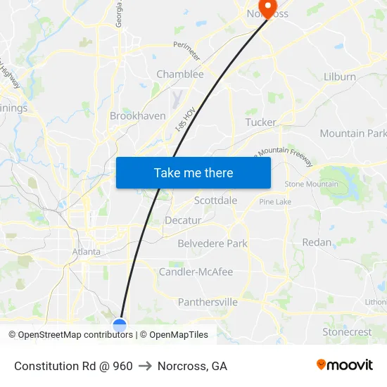 Constitution Rd @ 960 to Norcross, GA map