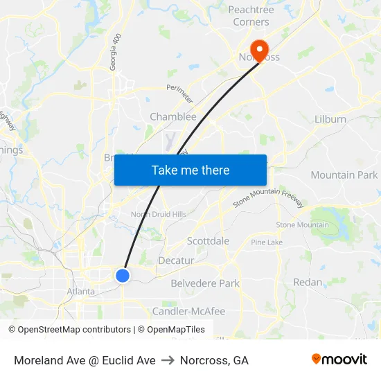 Moreland Ave @ Euclid Ave to Norcross, GA map