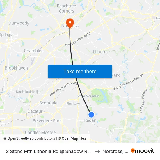 S Stone Mtn Lithonia Rd @ Shadow Rock Dr to Norcross, GA map