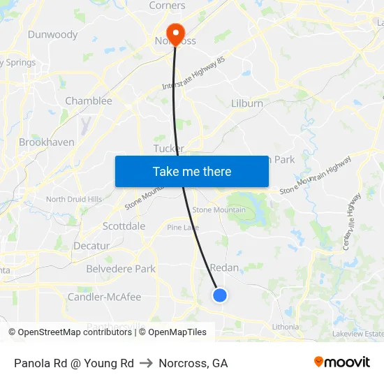 Panola Rd @ Young Rd to Norcross, GA map