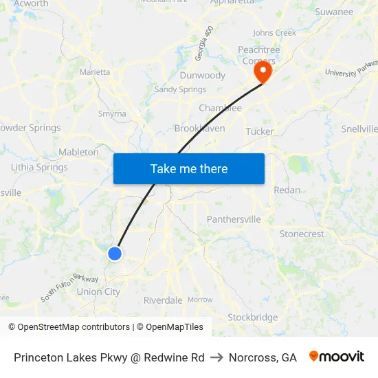 Princeton Lakes Pkwy @ Redwine Rd to Norcross, GA map