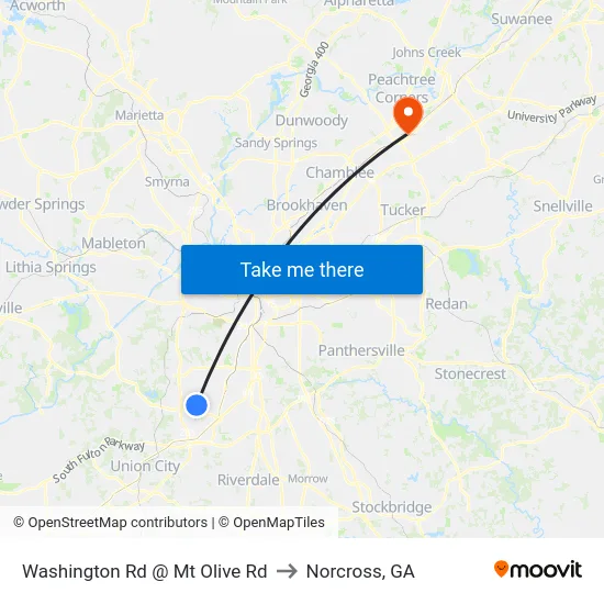 Washington Rd @ Mt Olive Rd to Norcross, GA map
