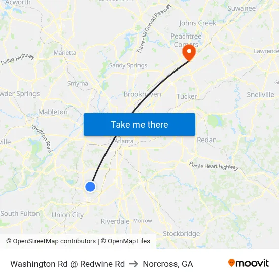 Washington Rd @ Redwine Rd to Norcross, GA map