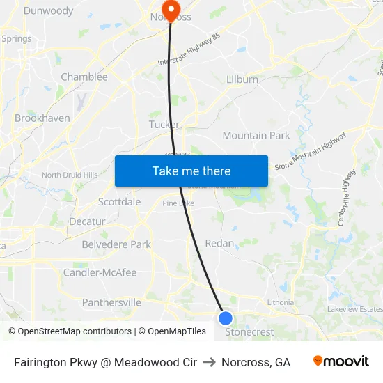 Fairington Pkwy @ Meadowood Cir to Norcross, GA map